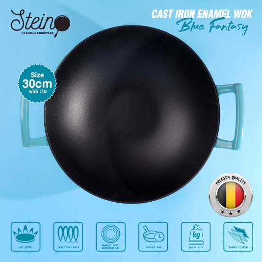 Stein Cookware - Non-Stick Cast Iron Enamel Wok 30cm with Lid