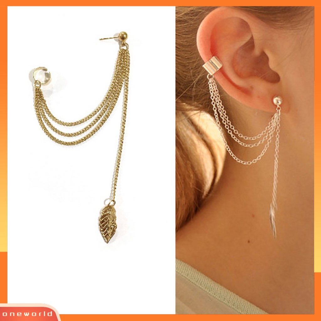 [WONE] 1pc Anting Tusuk Gaya Gothic Punk Hias Alloy Wanita Daun Rantai Menjuntai Earrings Untuk Liburan