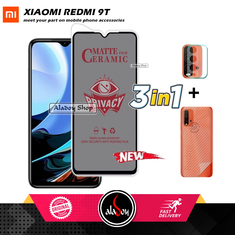 Tempered Glass Anti SPY Xiaomi Redmi 9T Anti Gores Privacy + Tempered Glass kamera dan Skin Carbon