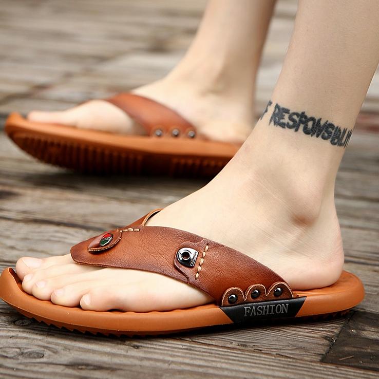 Murah Meriah 100% Kulit Asli COD Sandal Jepit Pria Olahraga Sandal Outdoor Fashion Karet Rumah Sanda