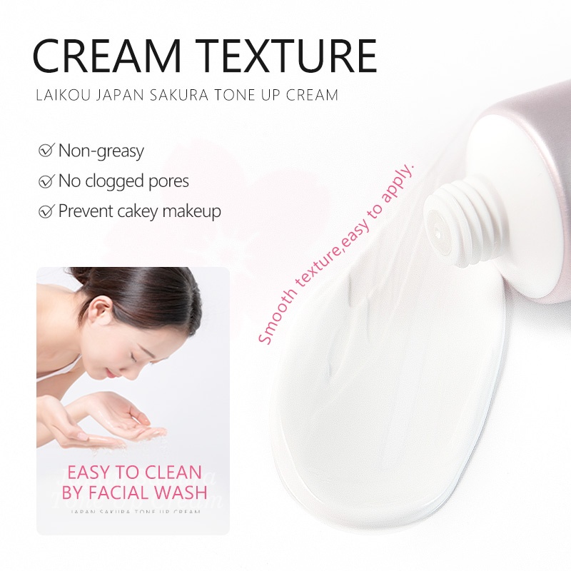 LAIKOU Japan Sakura Tone Up Cream Meratakan Warna Kulit Menutrisi Pelembap Primer 30g