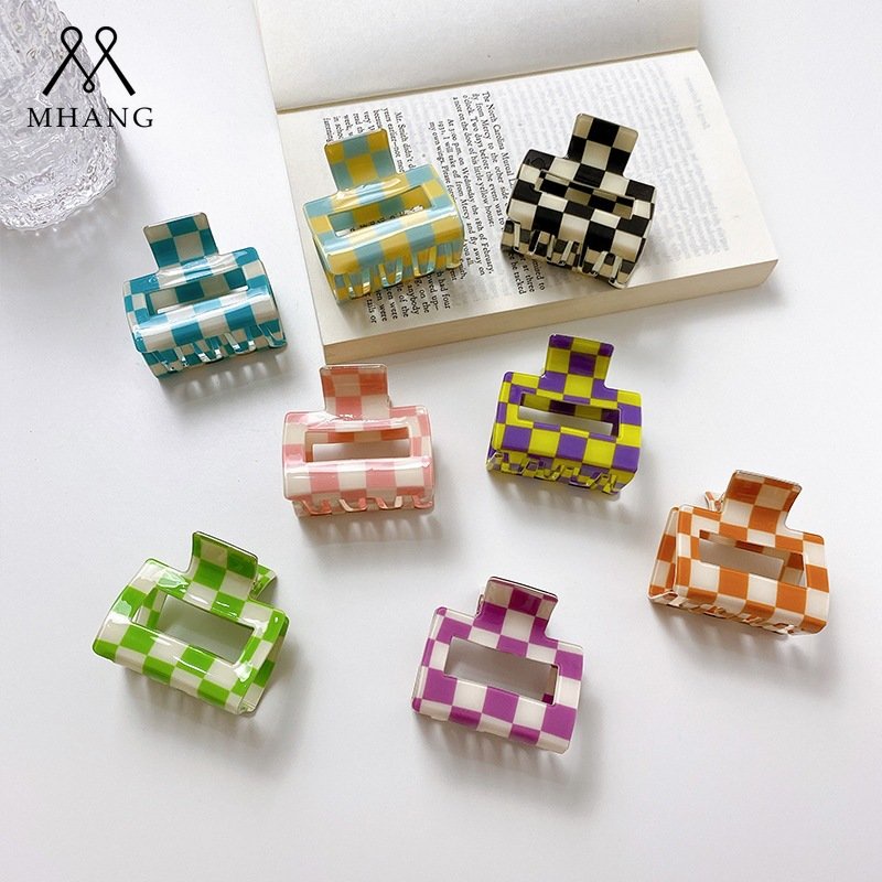 Korea Candy Checkerboard Square Shark Clip Terang Fashion Akrilik Lady Grab Clip