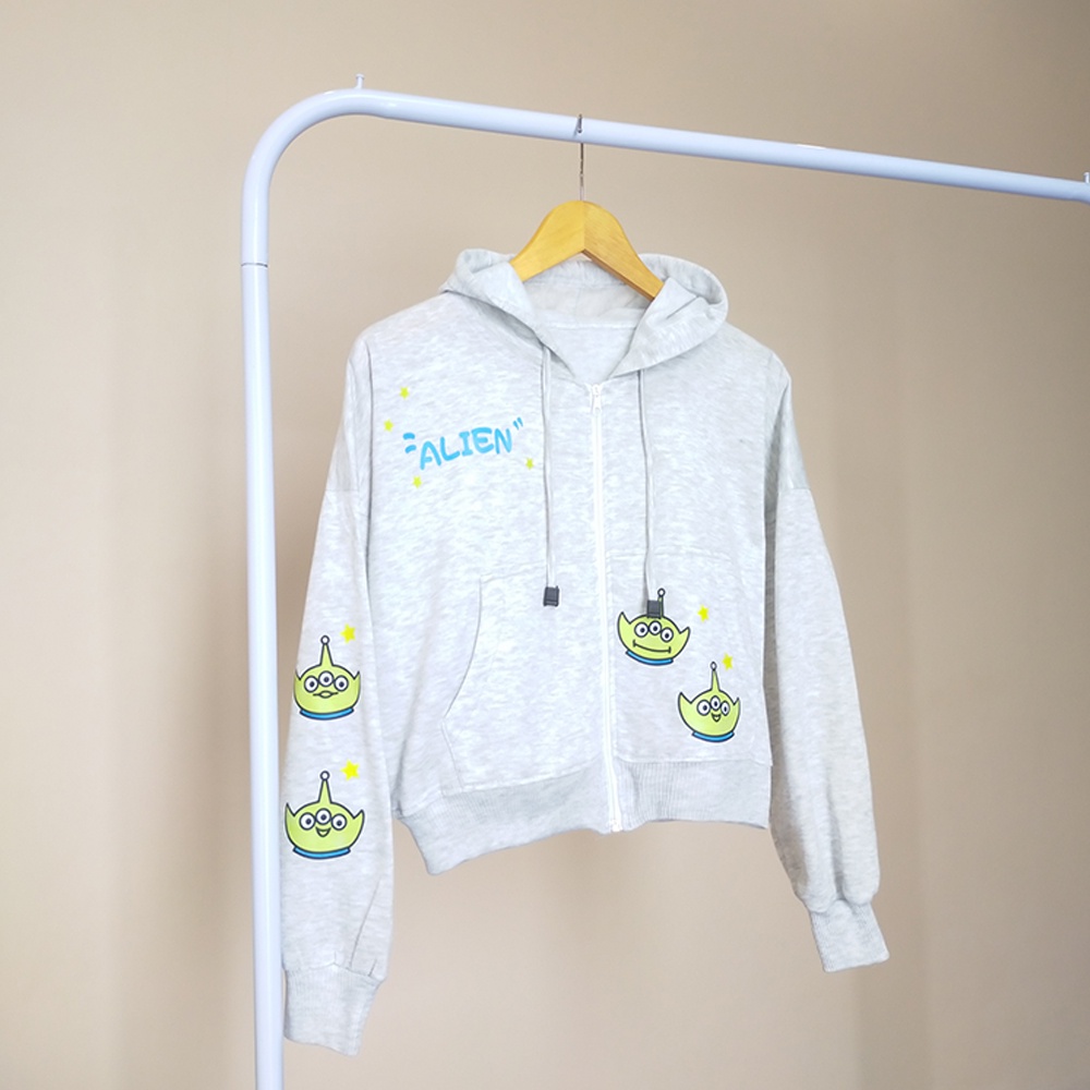 Jacket Crop Alien Story Hoodie Wanita  Korean Style Terbaru Zipper