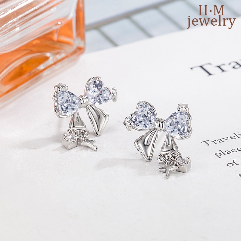 Starry Bright Bow AAA Zircon Stud Earrings Anting Gaya Keren Manis