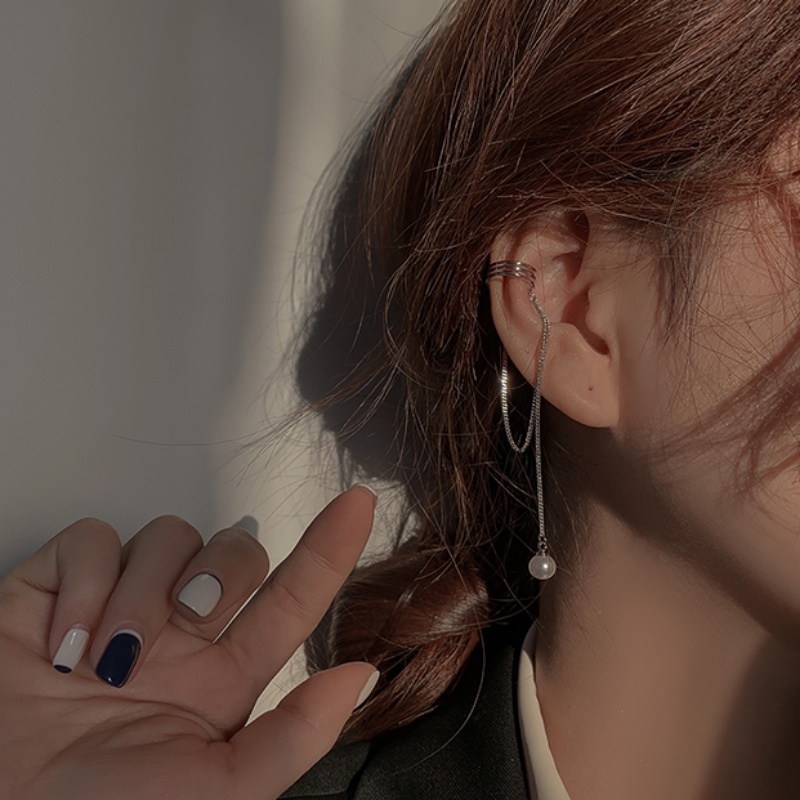 Papaozhu 1PC Korea Tanpa Tindik Mutiara Perak Rumbai Rantai Klip Anting Untuk Wanita Perempuan Sederhana Fashion Tulang Rawan Anting-Anting Telinga Tulang Perhiasan