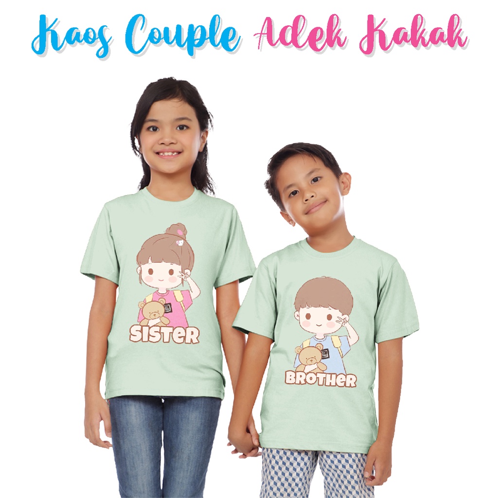 Kaos Couple Adik Kaka Anak 1-12 Tahun Laki Laki Perempuan Unisex Sibling Tee Series Warna Green Mint