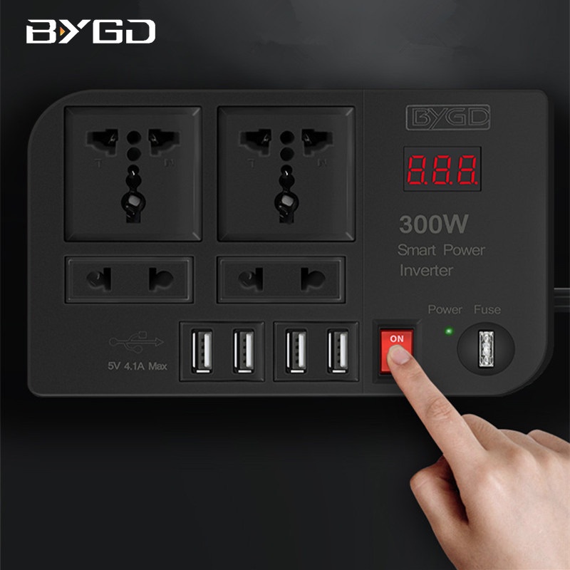 BYGD Car Power Inverter DC 12V to AC 220V 300W 4 USB Port - E8982 - Black - 7RCI0PBK