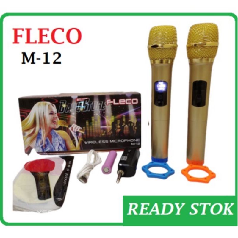 Fleco M12 Microphone wireless Karaoke Super Bass Mic double Profesional Microphone Tanpa Kabel Isi Dua