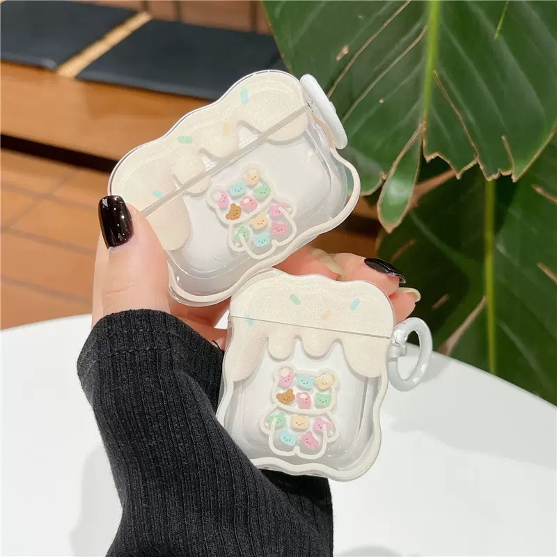 Kompatibel Untuk Airpods3 2021perbatasan Gelombang Kartun Lucu Cream Motif Beruang Shockproof Case Charging Box Earphone Case Compatible Untuk Airpods1 2 Pro