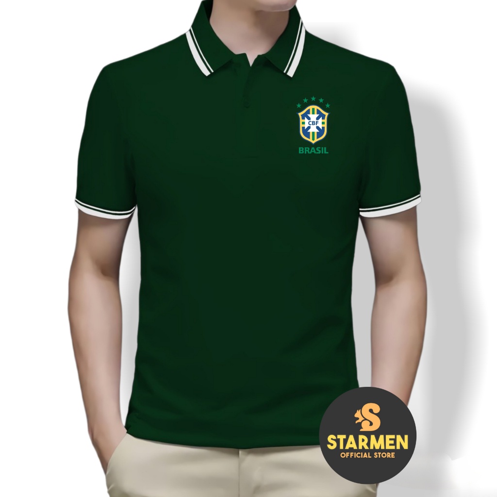 Kaos Polo Shirt Pria Kerah List Putih logo BRASIL