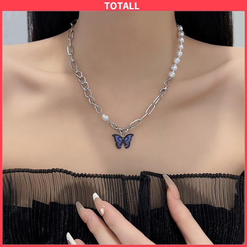 COD Kalung Rantai Kupu-Kupu Mutiara Desain Choker Fashion Korea Gaya Untuk Wanita-Totall