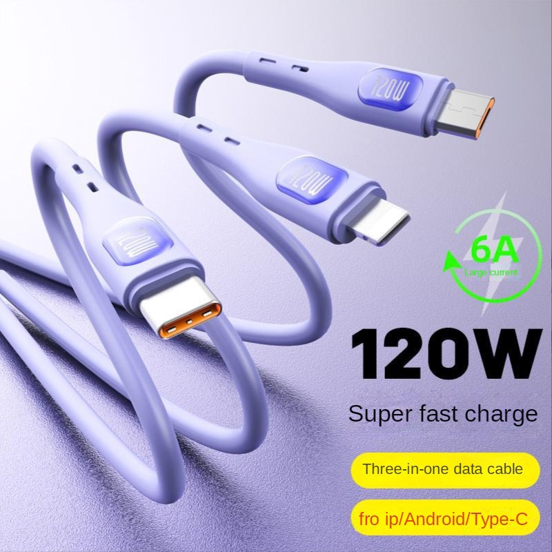 Lem Lembut Cair 120W 3-in-1 Kabel Pengisian Super Cepat Micro USB 6A Kawat Data Ponsel Untuk i-Phone14 13 Type C Android