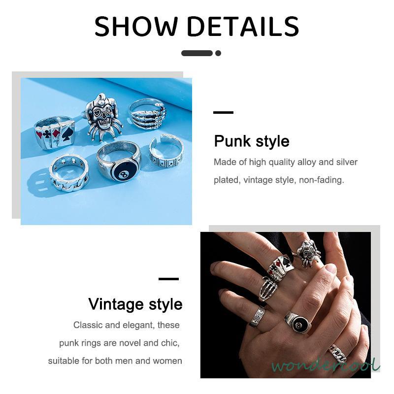 6PCS/Set Cincin Unisex  Punk Membesar-besarkan  Badut Poker Cakar Hantu Tengkorak  Perhiasan Bulat Nomor 8-Won