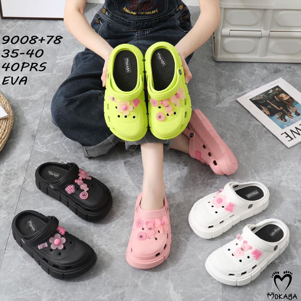 Sandal Crocs Let Bakpao Kodok Wanita Baim Fuji Mainan Jibbitz Bear Anak Cewek &amp; Pink Flower Platform Tebal Super Ringan Cute Pretty Kekinian Import Mokaya / Size 35-40 (9008+123 &amp; 9008+78)