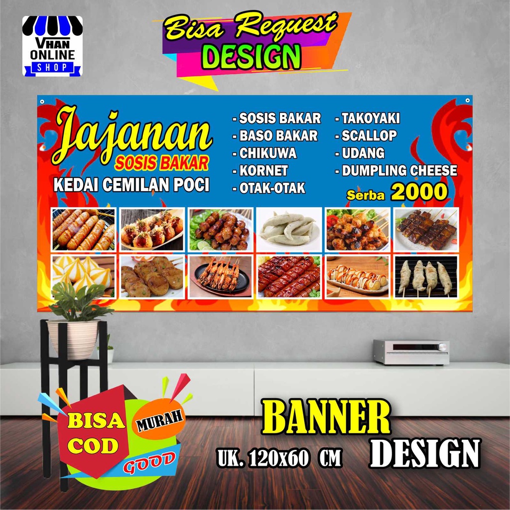 Spanduk Banner Jajanan Sosis Bakar, Seafood Bakar, Bebakaran, Keren Bagus