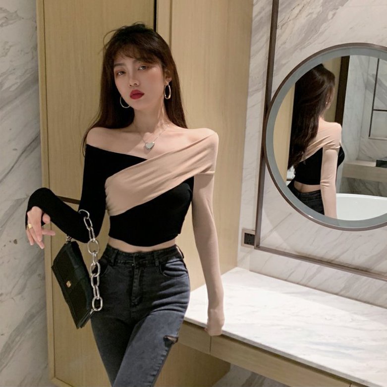 ☈┋Suhao keinginan murni hot girl one-shoulder bottoming kemeja musim dingin wanita pakaian dalam chic top in rasa desain ceruk pinggang T-shirt pendek