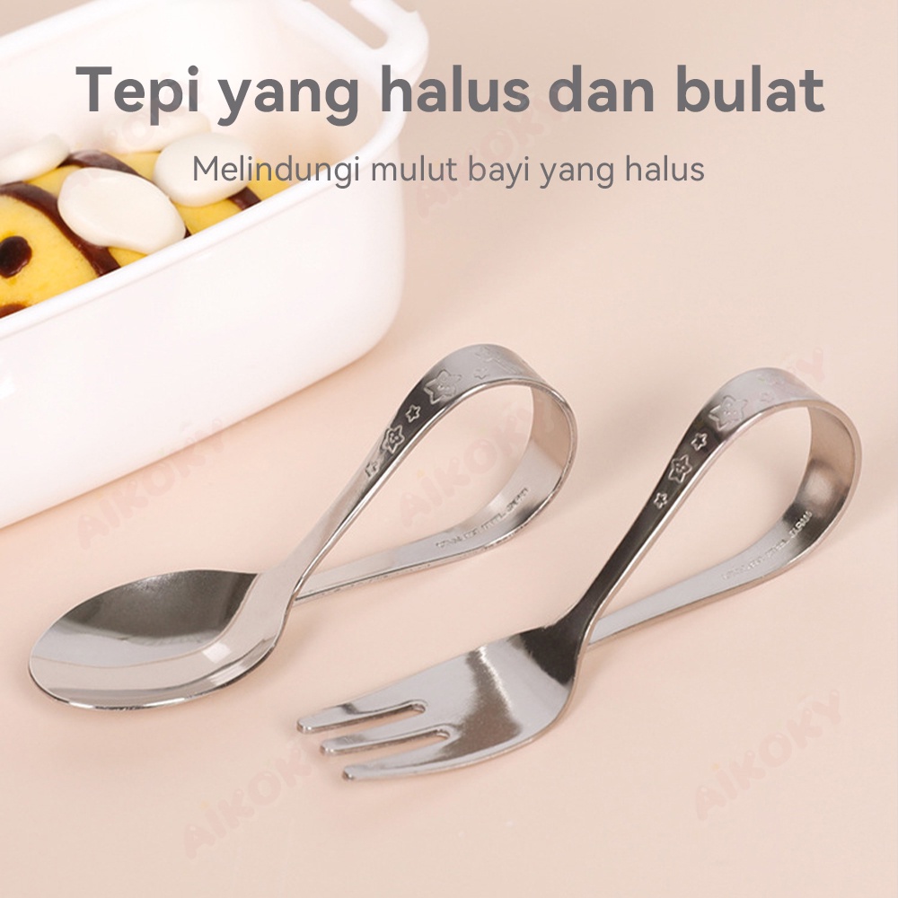 AIKOKY Sendok Makan Anak Training Spoon Stainless Sendok Garpu Anak Set