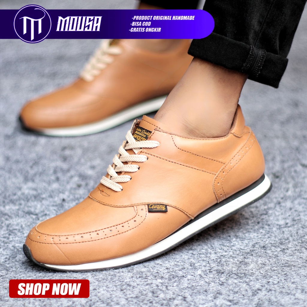 Sepatu Sneakers Kasual Pria Kulit Asli Hitam Mousa Erza