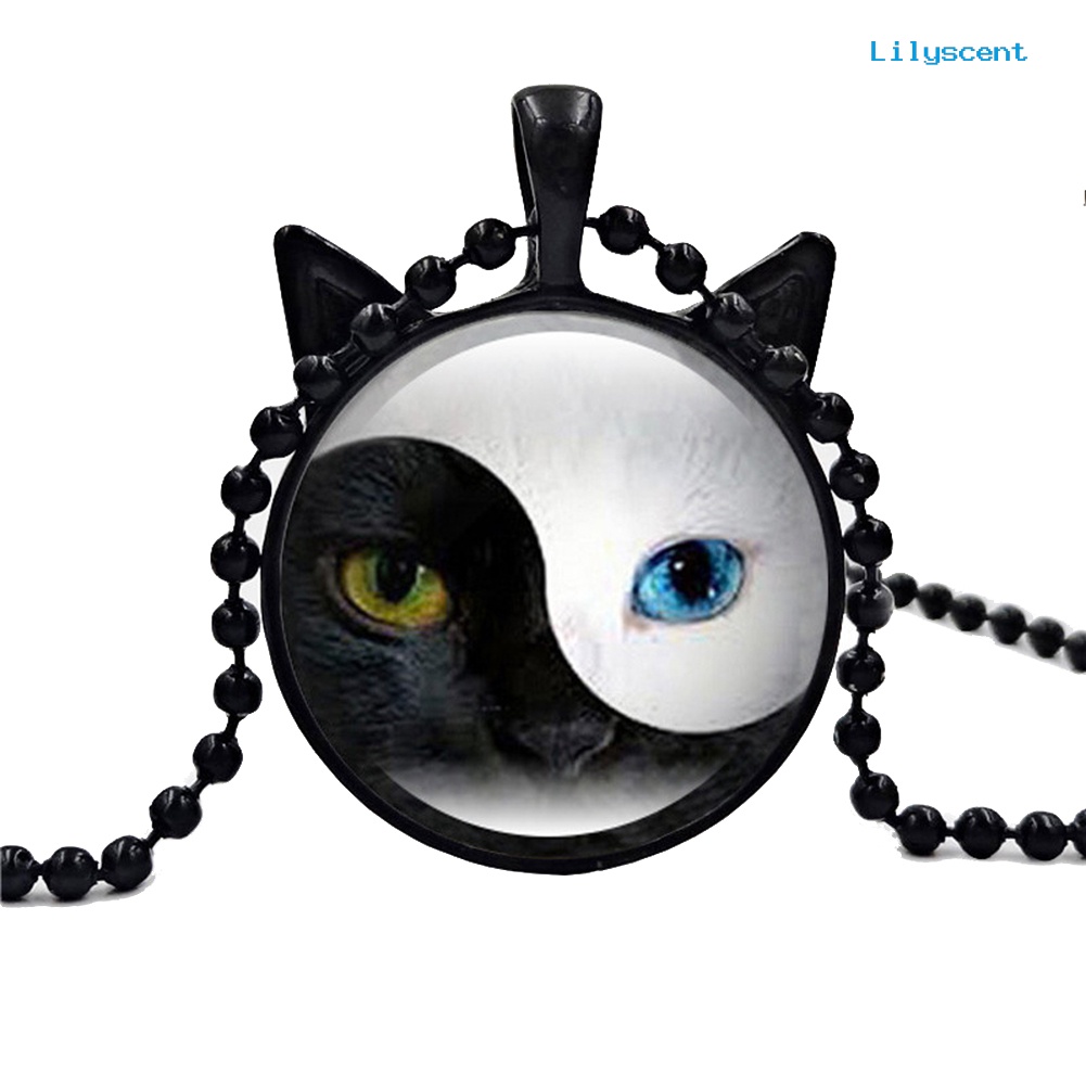 [LS] Wanita Tai Chi Yin Yang Kucing Kaca Liontin Kalung Rantai Perhiasan Hadiah