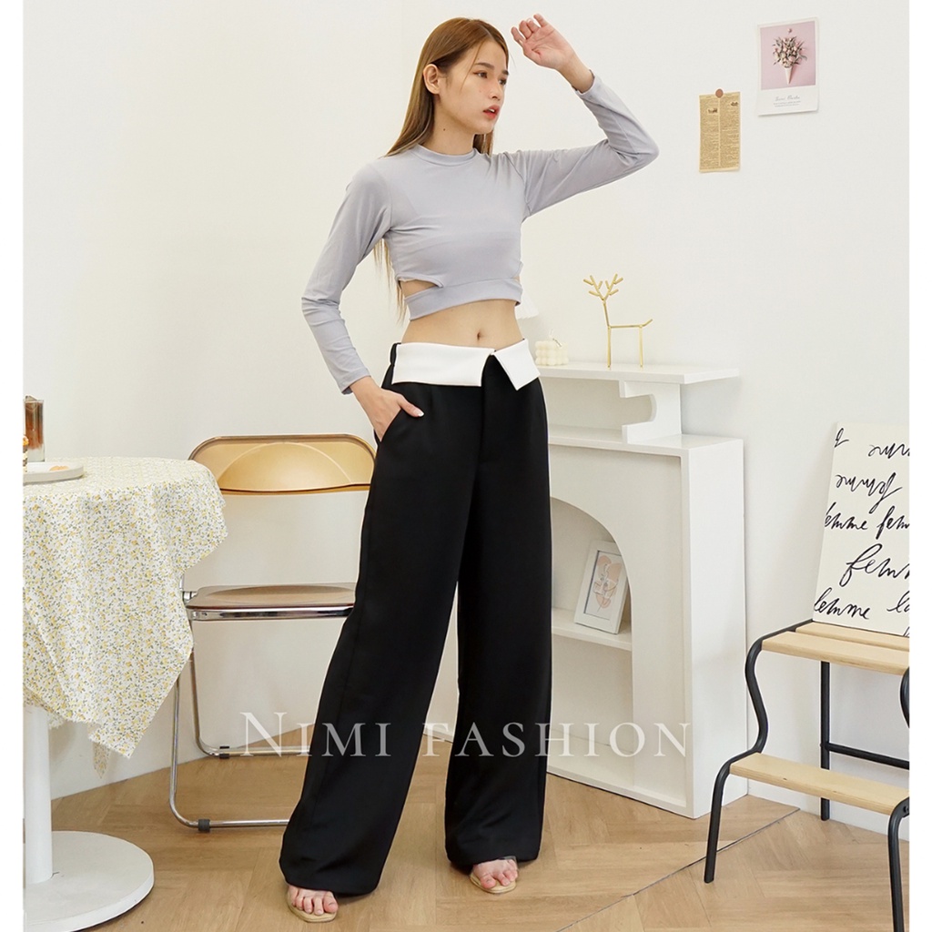 NIMI - Black Pink Celana Kulot Scuba Highwaist Premium Wide Leg Scuba Culottes