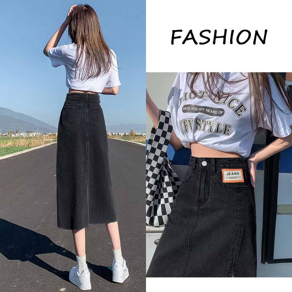 【wanita.id】rok korean style panjang rok jeans panjang rok a line 7/8 rok midi rok denim panjang rok span sma rok belah samping rok daily