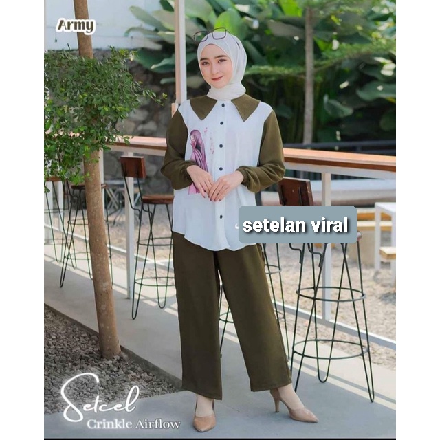 ONE SET VIRAL SABLON BAHAN CRIKEL(KEMEJA + CELANA) TERBARU TRENN MASA KINI SETELAN WANITA