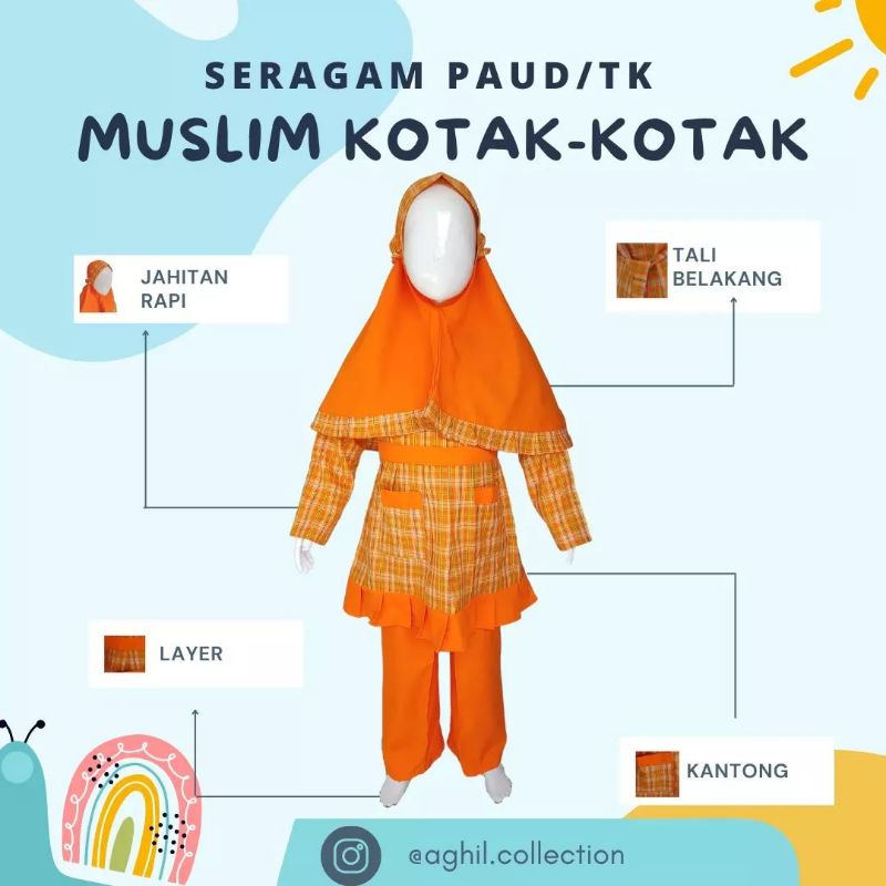 OFFICIAL SERAGAM TK/PAUD MUSLIM KOTAK-KOTAK BAJU TK/PAUD MUSLIM KOTAK-KOTAK OREN KEKINIAN
