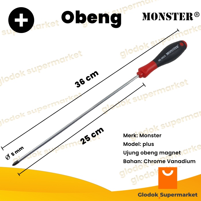 Obeng Plus 10 inch Monster Diameter 5mm Panjang Besi 25cm Gagang Karet Magnet