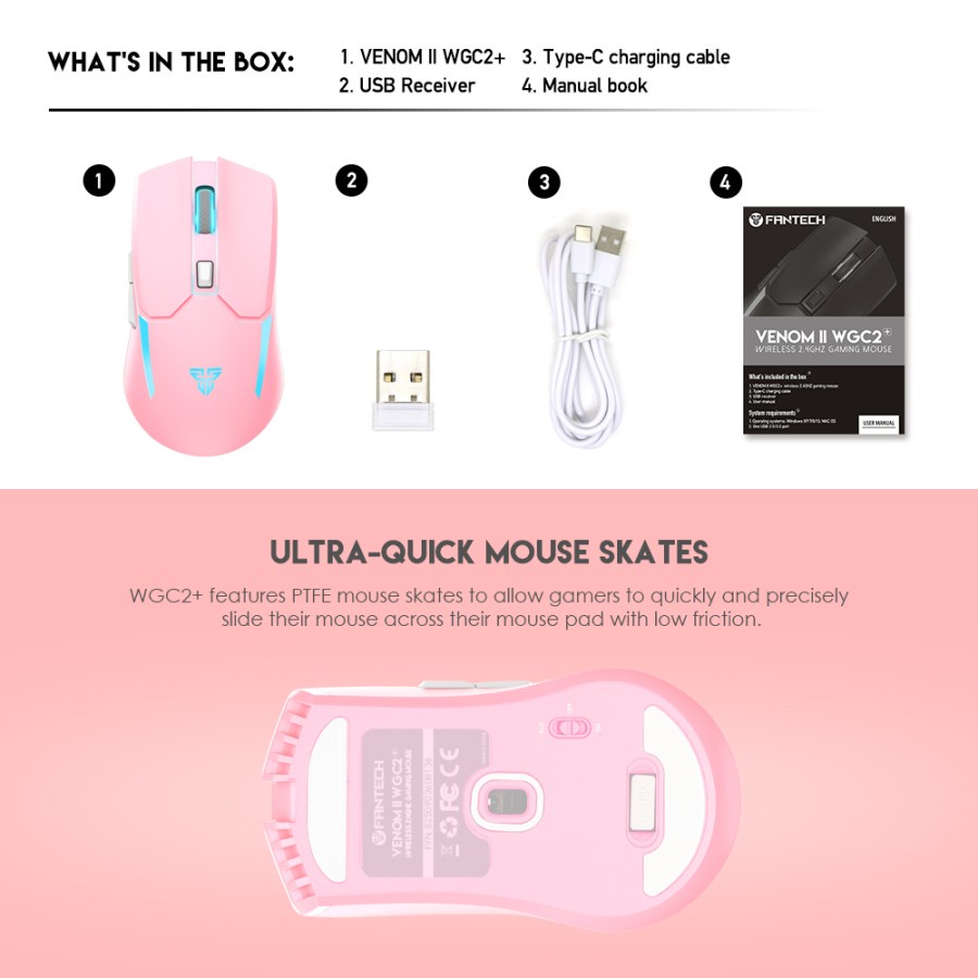 Fantech Venom II WGC2+ / WGC2 Plus Pink RGB Wireless Gaming Mouse