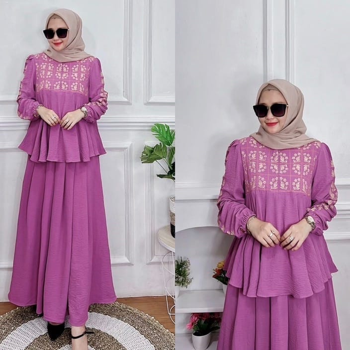 Syalina Sett Rok Cringkle Atasan Bordir Sleting Depan Busui Friendly / Setelan Wanita Elegan / Baju Stelan cewek / Gamis Lebaran / Pakaian Pesta Kondangan / Fashion Cantik