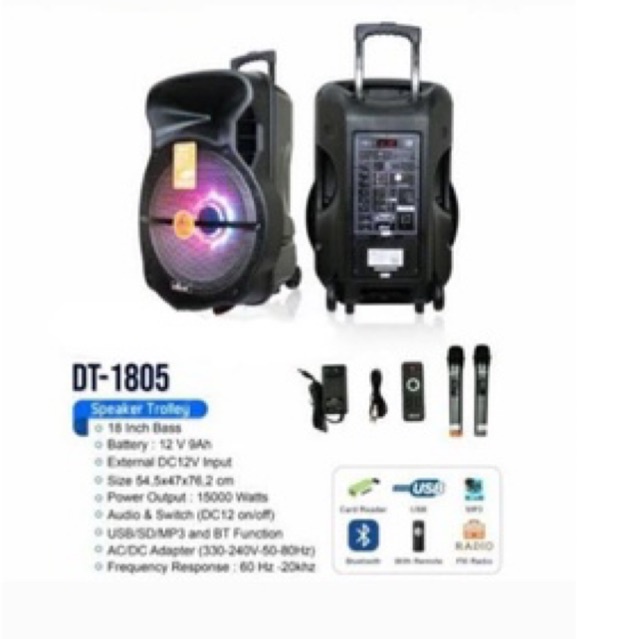 Speaker Dat Trolley 18 inch DT-1805 Free 2 mic wireless bisa TWS