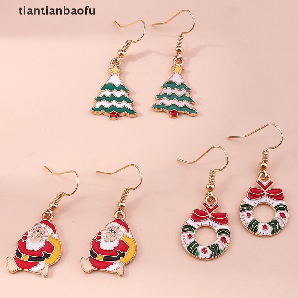 [tiantianbaofu] 1pasang Desain Baru Trendi Anting Natal Xmas Pohon Elk Snowman Santa Claus Menjuntai Anting Perhiasan Stud Earrings Hadiah Natal Untuk Wanita Gadis Butik