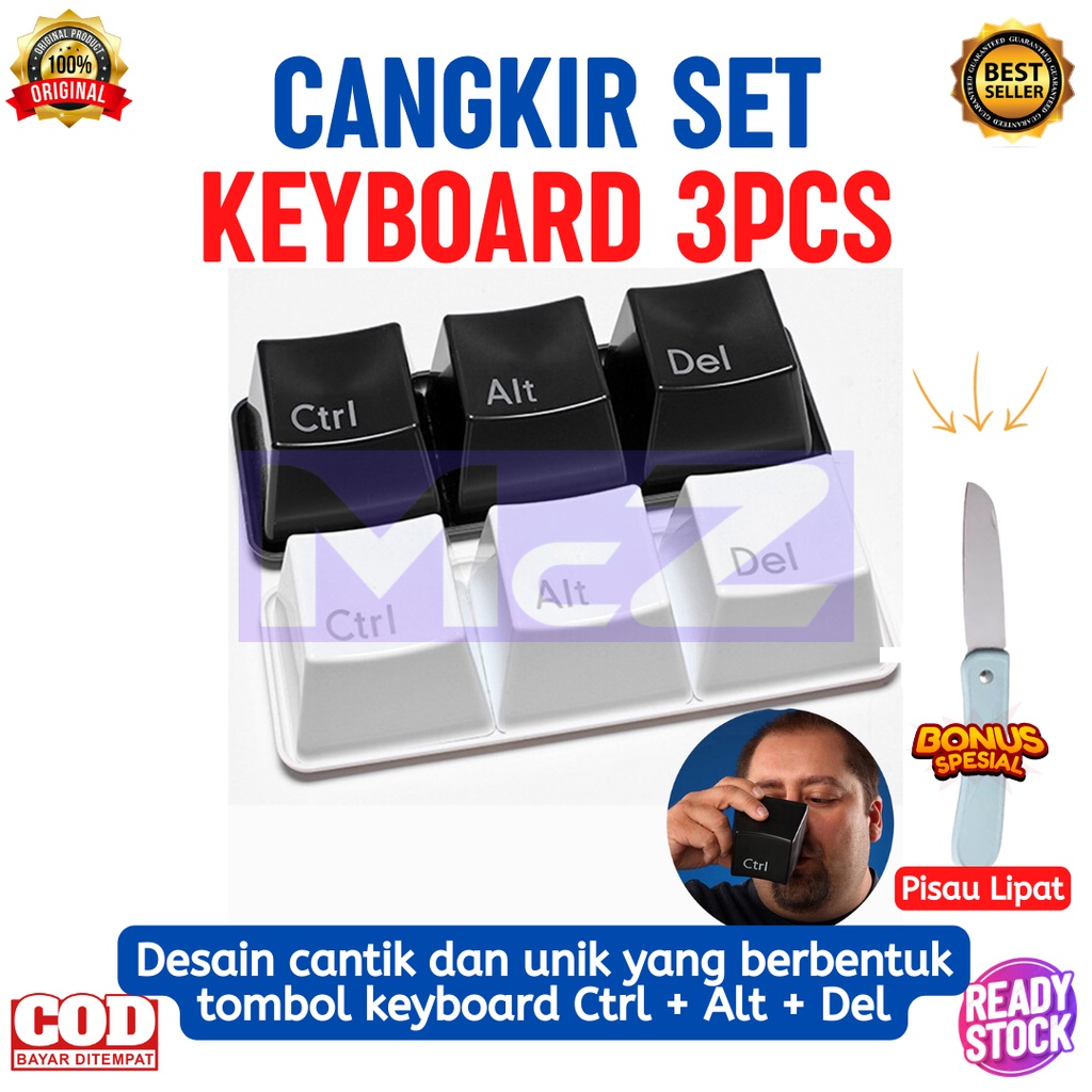 GELAS KEYBOARD Set isi 3 Cangkir Plus Nampan Hitam Bonus Pisau Lipat Cantik - Gelas Unik berbentuk K