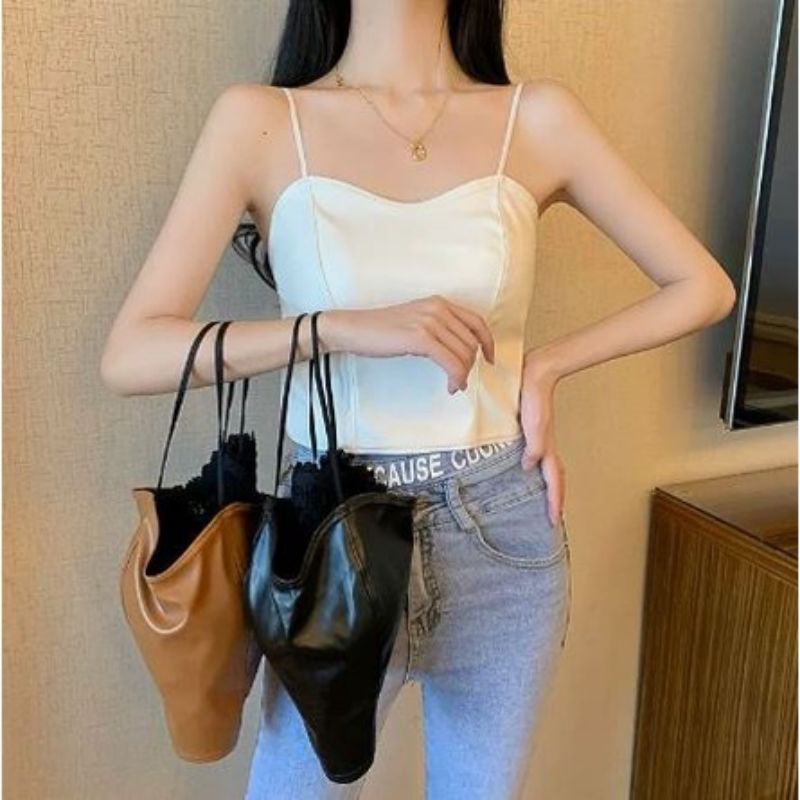 leather Tank Top suspender crop Tanpa lengan// bralette Korea tanktop kulit polos tali bahu spaghetti