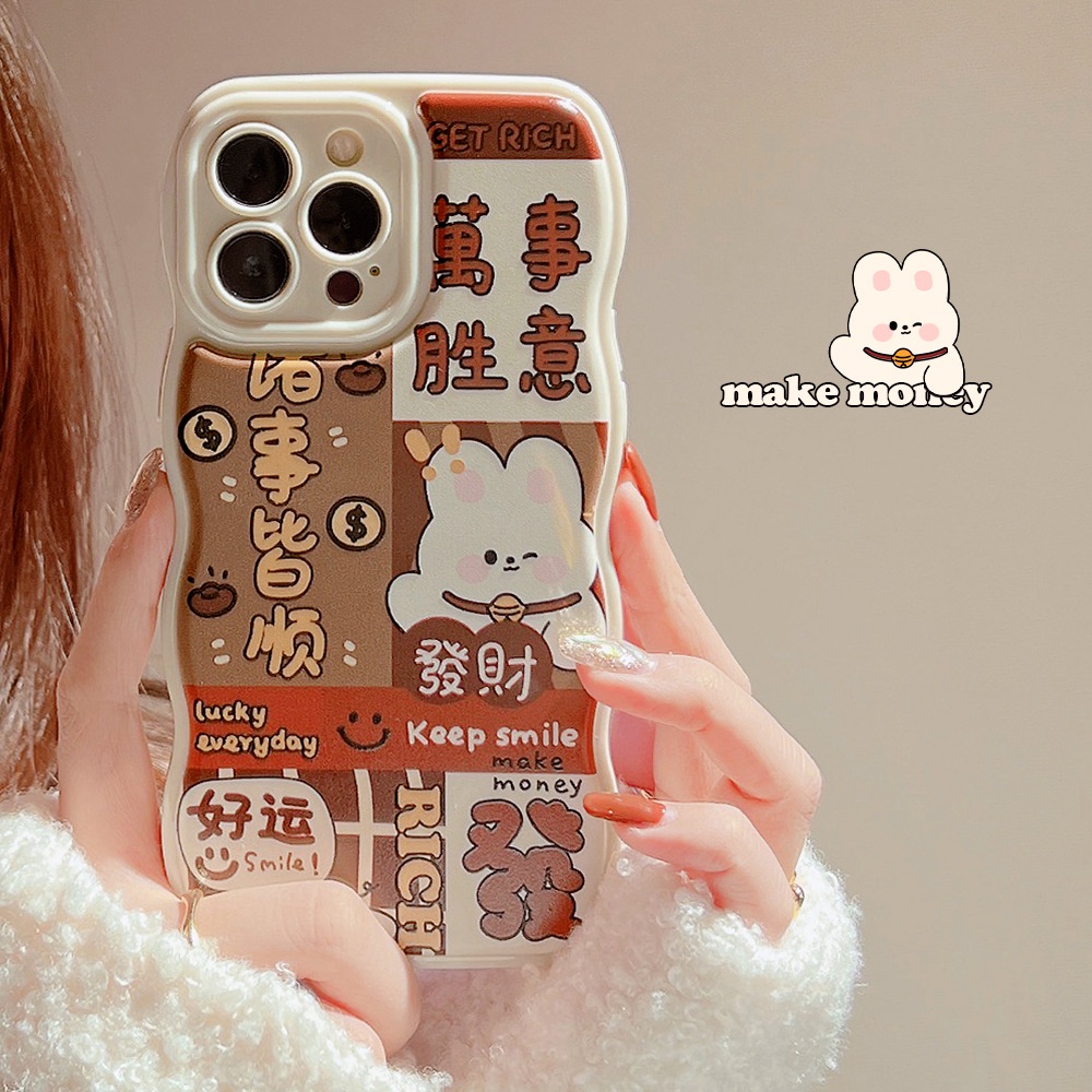2023tahun Baru Cina Bergelombang Tepi Lucu Get Rich Rabbit Kartun Silikon Case Untuk Iphone 14 11 12 13 PRO MAX Casing Cover Pelindung