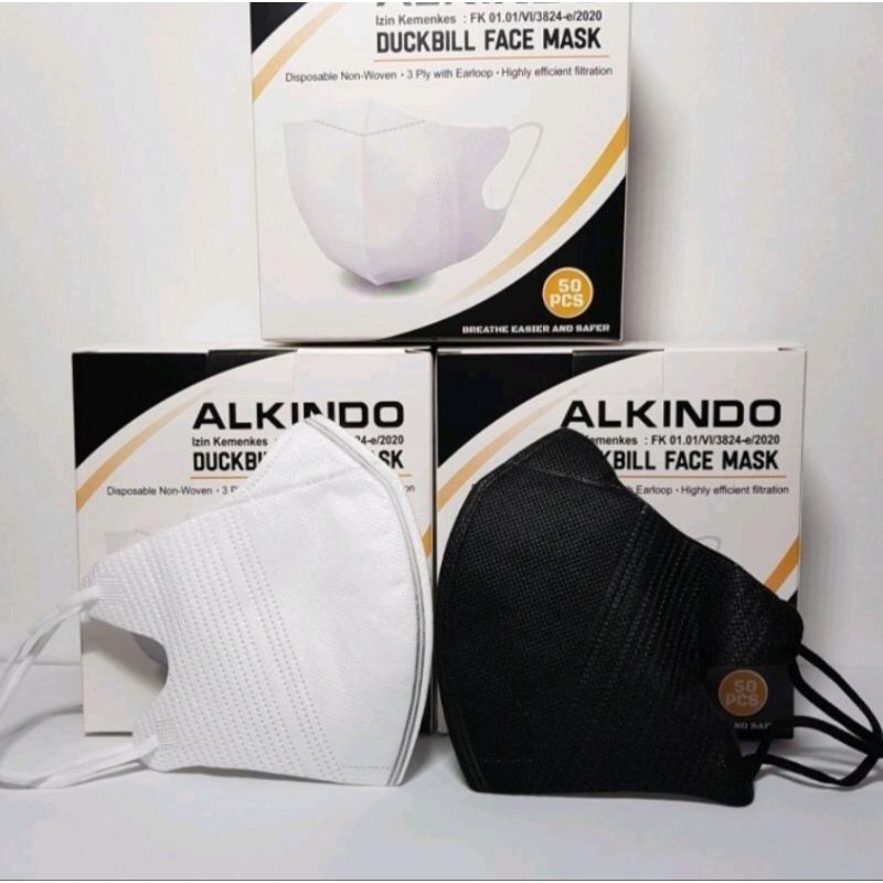 MASKER DUCKBILL GARIS ALKINDO 3 PLY ISI 50 PCS PUTIH HITAM FACEMASK DUCKBILL ALKINDO 3PLY