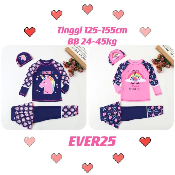 Baju Renang Anak Muslim Unicorn Rok Lengan Panjang Sd Perempuan Topi