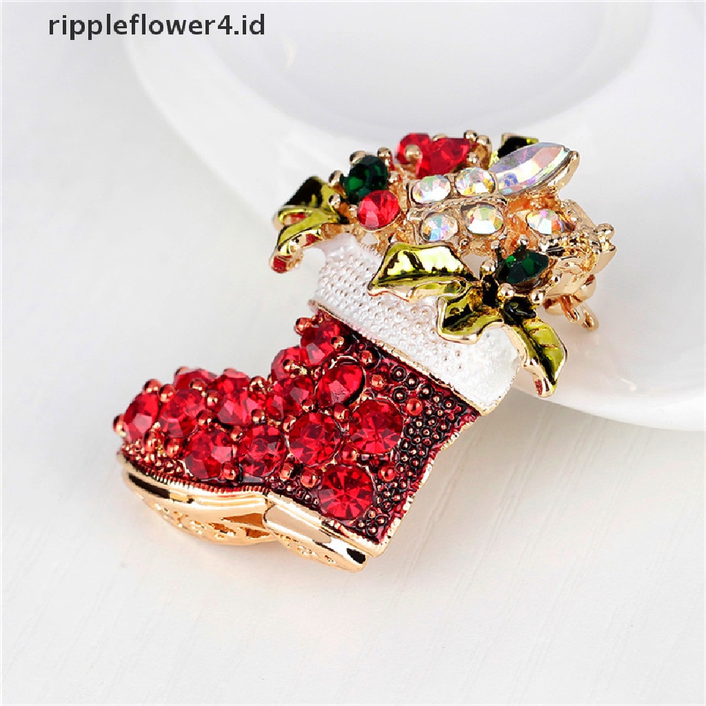 {rippleflower4.id} 1x Baru Berlian Imitasi Kristal Natal Stocking Boot Pin Bros Xmas Hadiah Nada Emas~