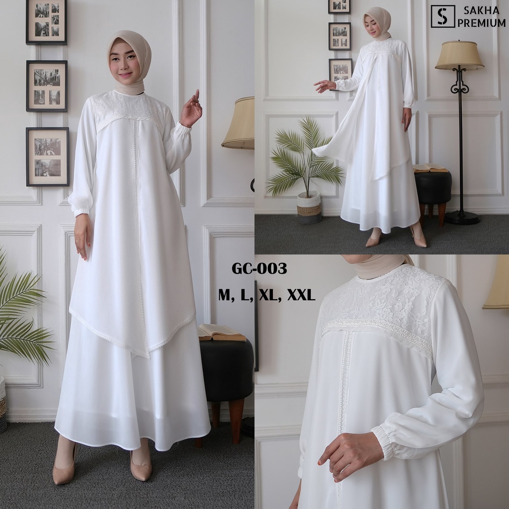 Sakha - GC 03 BAJU GAMIS PUTIH WANITA BRUKAT GAMIS PUTIH CERUTI JUMBO TERLARIS BAJU LEBARAN UMROH HAJI BUSANA KEKINIAN