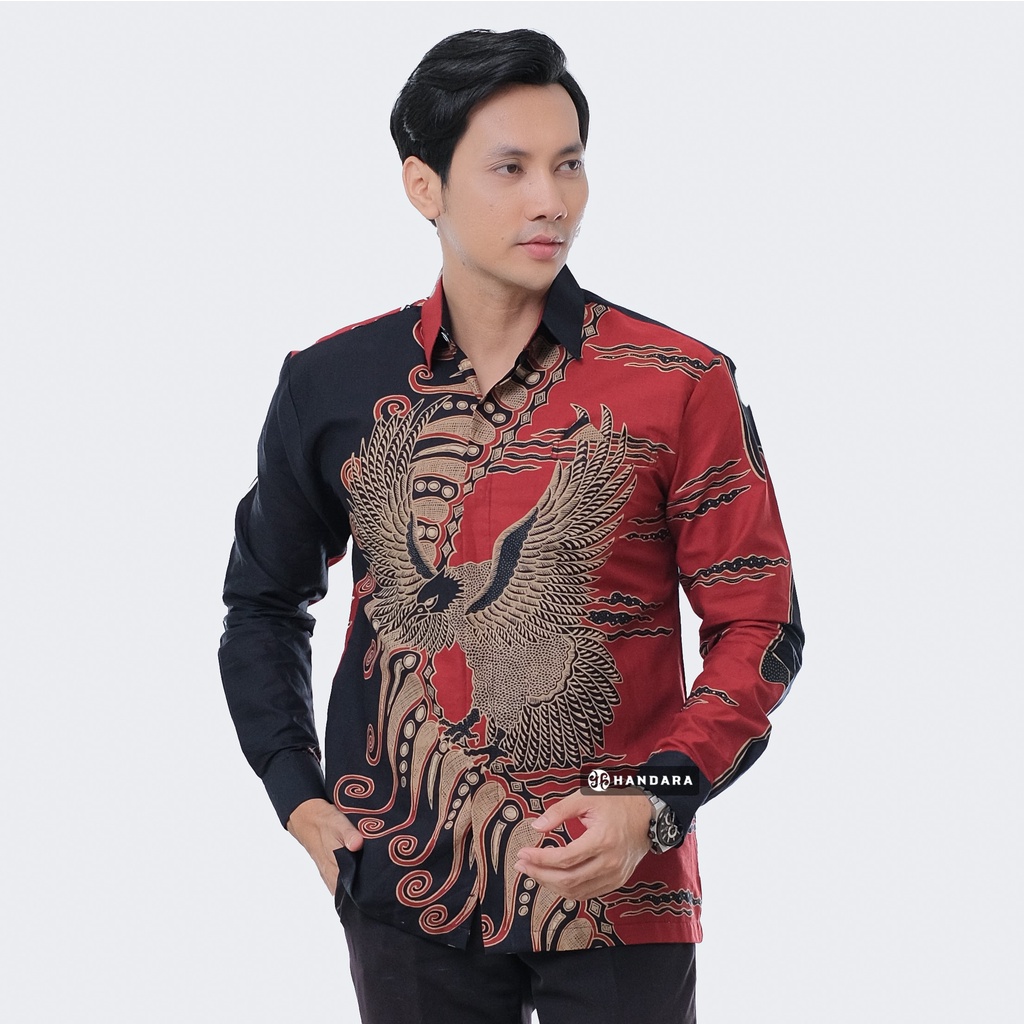 Baju Kemeja Batik Pria Lengan Panjang Slim Fit Premium Modern Full Furing Katun Halus Original Handara Motif Erlang Merah Hitam HB-290