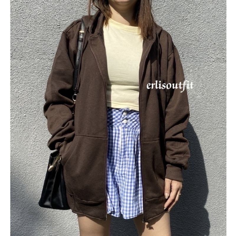 Jaket Hoodie Polos Resleting Dark Brown Zipper Wanita &amp; Pria Distro Oversize Carla