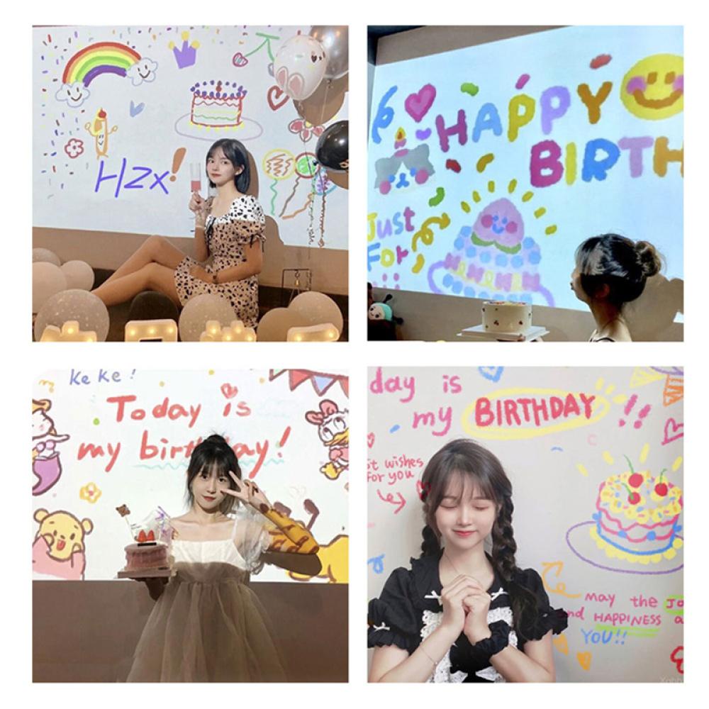 Timekey Ins Happy Birthday Photograph Background Projection Lamp Moon Sunset Proyektor Foto Prop Kreatif Perlengkapan Dekorasi Pesta Ulang Tahun I2T8