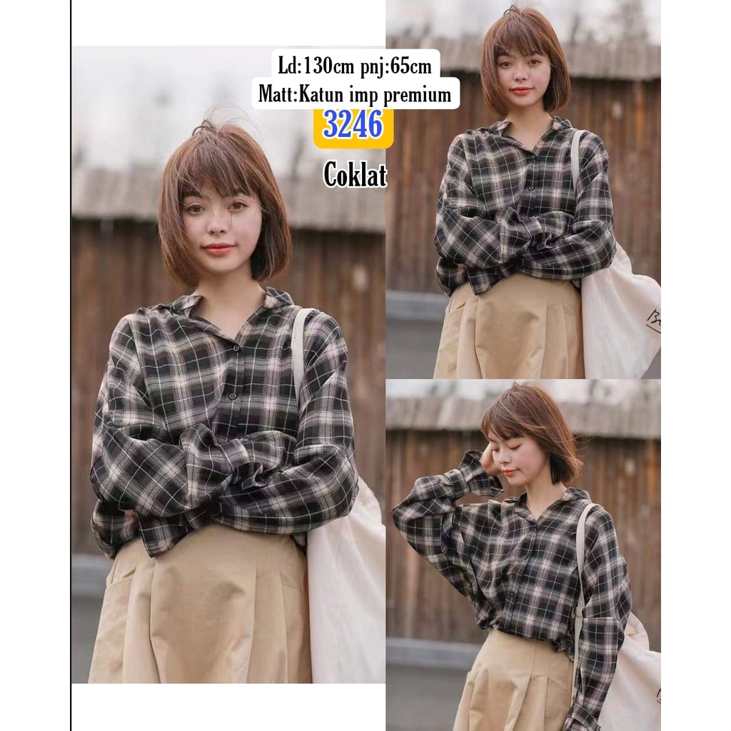 KEMEJA PANJANG KOTAK COKLAT 3246/  ATASAN IMPORT KEMEJA WANITA / BLUS / ATASAN KATUN LENGAN PANJANG