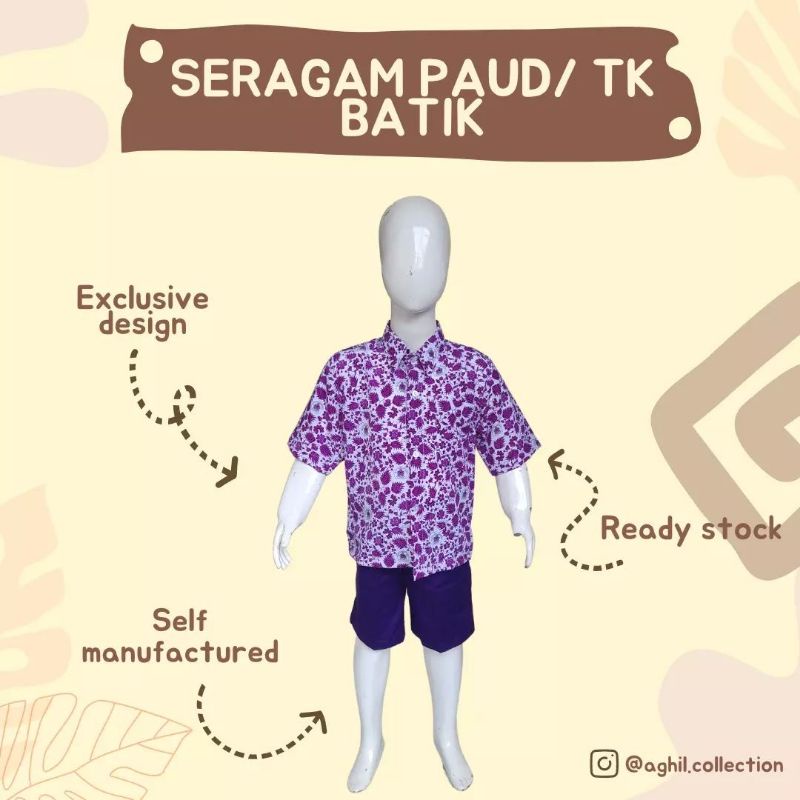 SERAGAM TK/PAUD BATIK PENDEK BAJU BATIK TK/PAUD UNGU LENGAN PENDEK