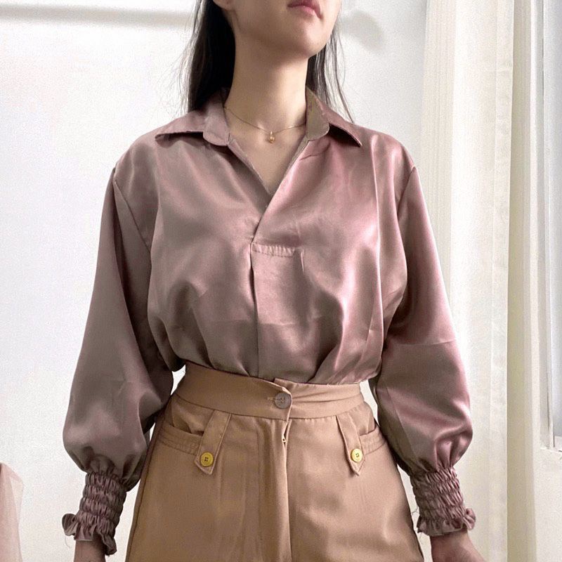 Olla Kemeja Blouse Kerja Wanita Crinkle Kerah V