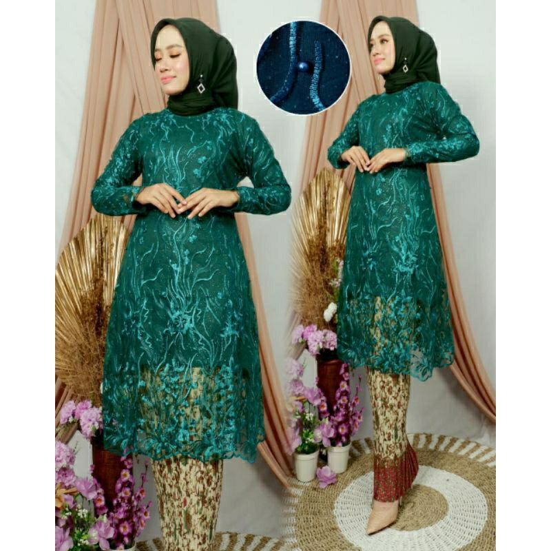 SETELAN BAJU KEBAYA MODERN MUSLIM ATASAN KEBAYA TUNIK KURUNG BUSUI TILLE MIX ROK PLISKET BATIK PANJA