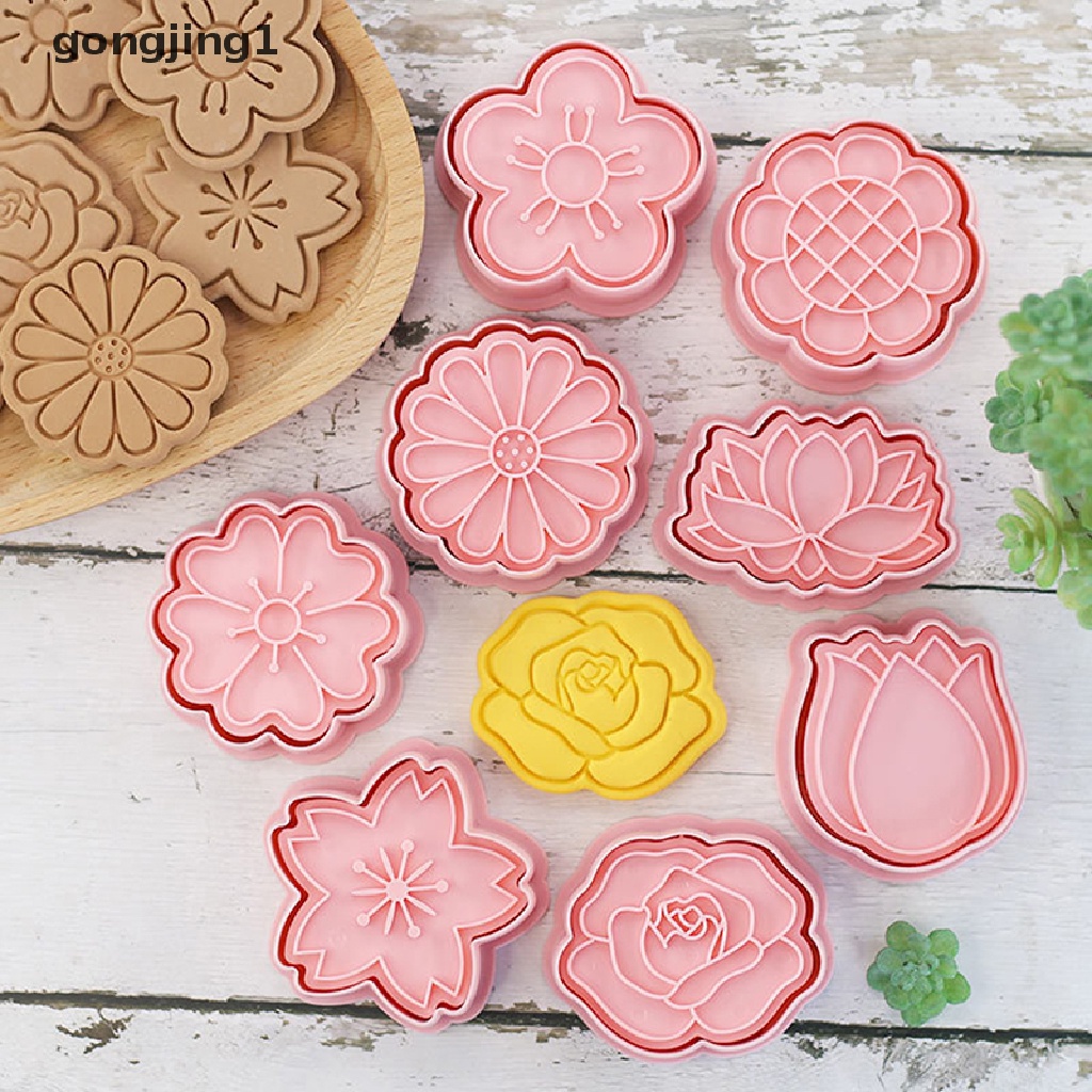 Ggg 8Pcs /Set Bentuk Bunga Pemotong Kue Kering 3D Plastik Biskuit Cetakan Cookie Stamp DIY Fondant Cetakan Kue Dapur Baking Pastry Bakeware Cookie Press Mold ID