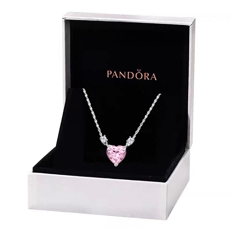 Pandora Kalung925 Perak Pink Cubic Zirconia Berlian Hati Liontin Kalung Wanita Fashion Perhiasan Aksesoris