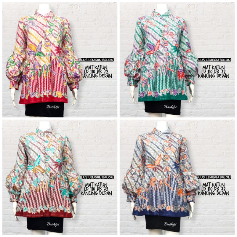 Blus katun wanita kekinian murah lengan balon Atasan kerja batik kasual modern seragam kembar motif Blouse motif busui daun cantik trendy blouse etnik keren kece sekolah kuliah abg