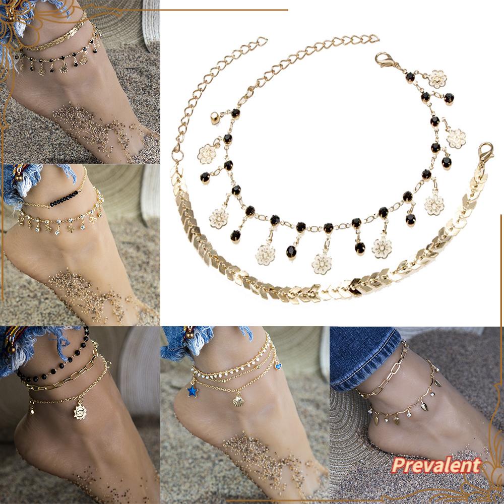 Preva 2/3Pcs Set Gelang Kaki Perhiasan Aksesoris Fashion Perempuan Hollow Bunga Hitam Berlian Imitasi Bohemian